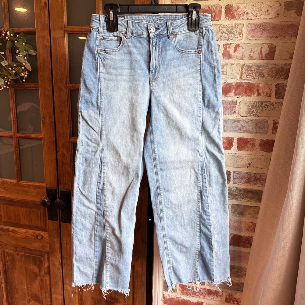 American Eagle Jeans Women Blue Low-Rise Baggy Wide Leg Raw Hem Grunge Y2K 4